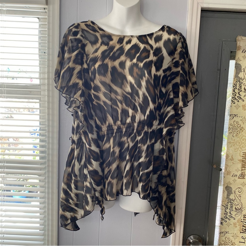 Worthington Womens Short Sleeve Wide Neck Stretch High Low Hem cheetah print